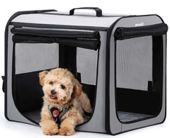 Caisse Pecute pour chien grise, ouverture facile et ventilation naturelle.