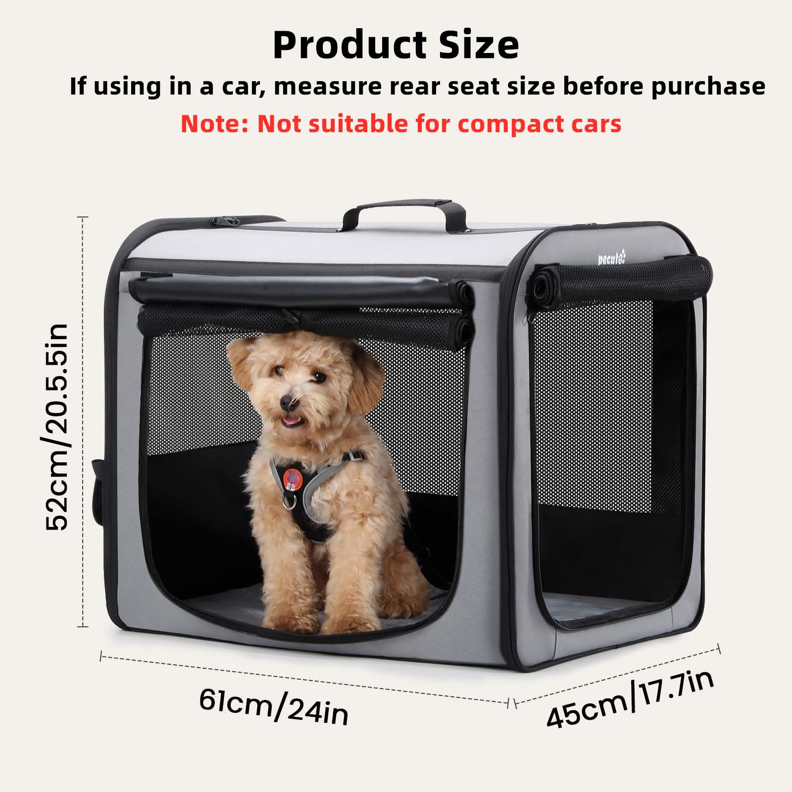 Caisse Pecute grise pour chien, pliable et rangement rapide.