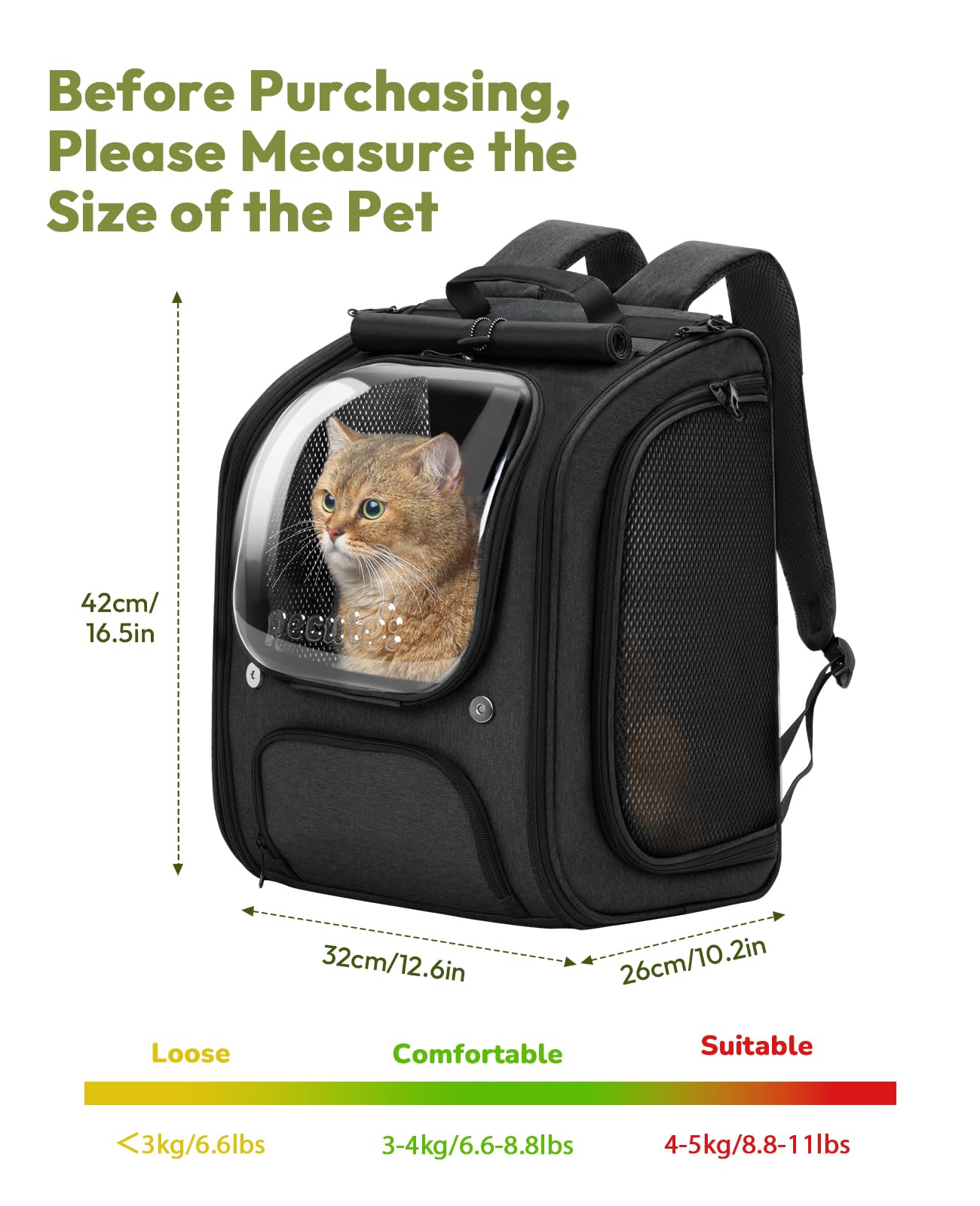Pecute dimensions et poids compatibles pour chats jusqu’à 6 kg et petits chiens