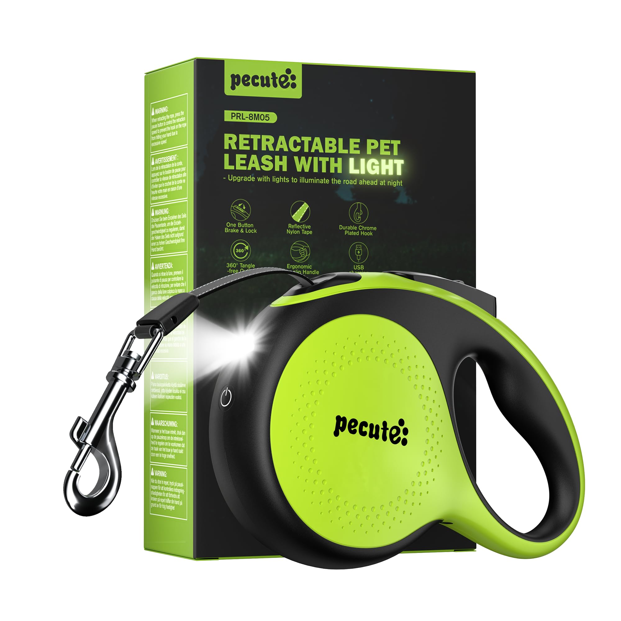 Pecute laisse rétractable avec lumière intégrée pour meilleure visibilité nocturne