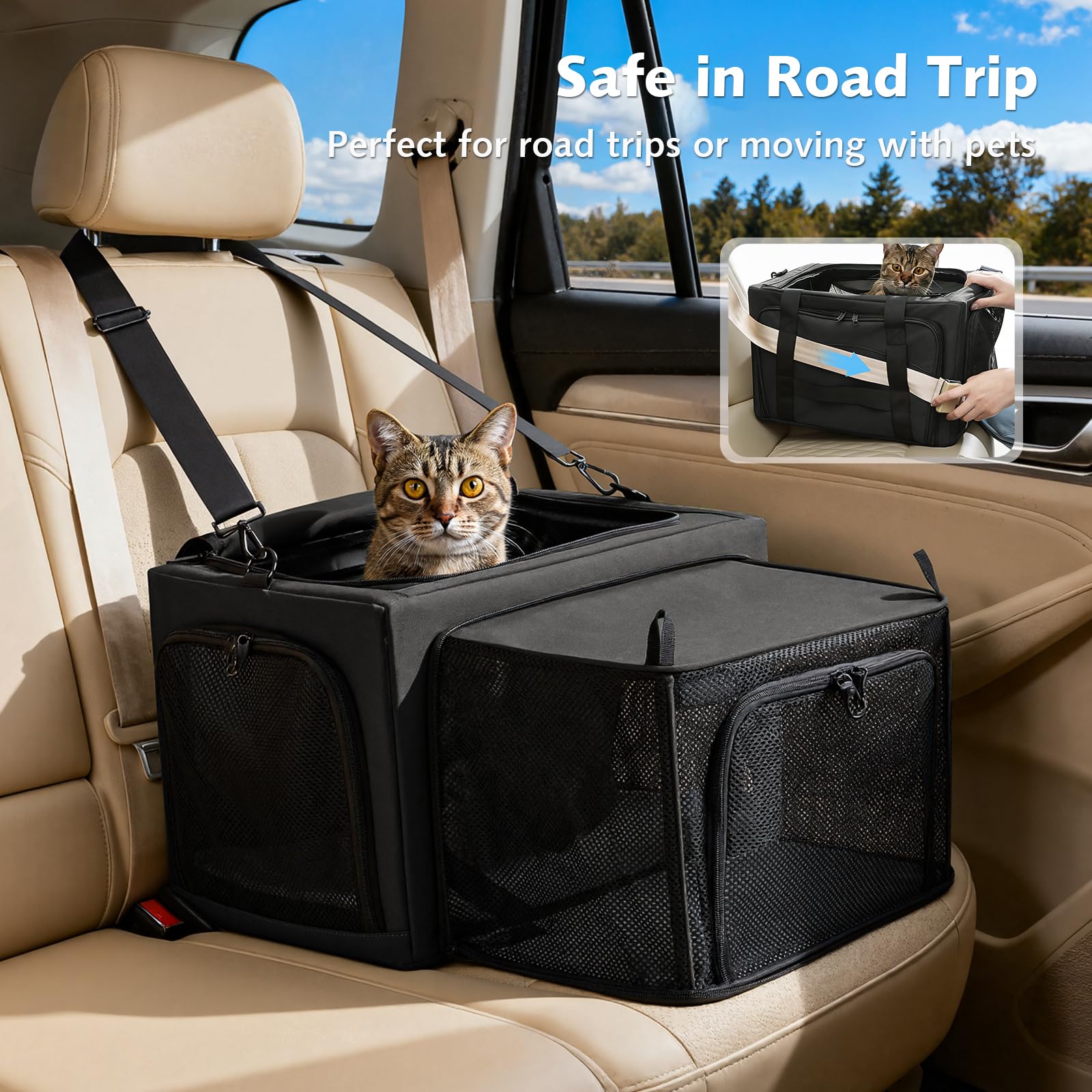 Pecute porte-chat attaches-ceinture et appuis-tête pour voyage stable.