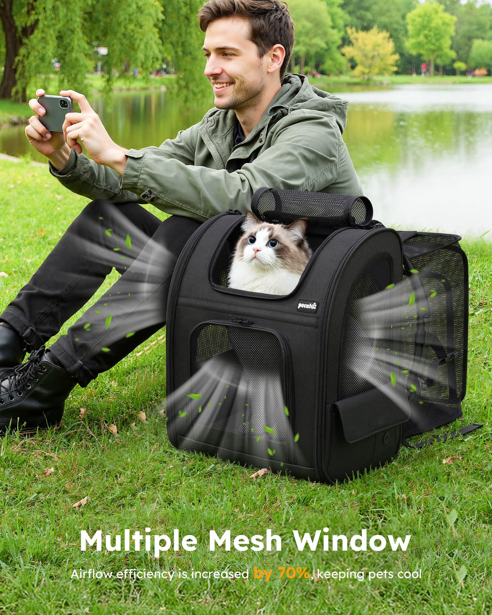 Pecute sac à dos chat poches latérales pour accessoires essentiels pendant le voyage.