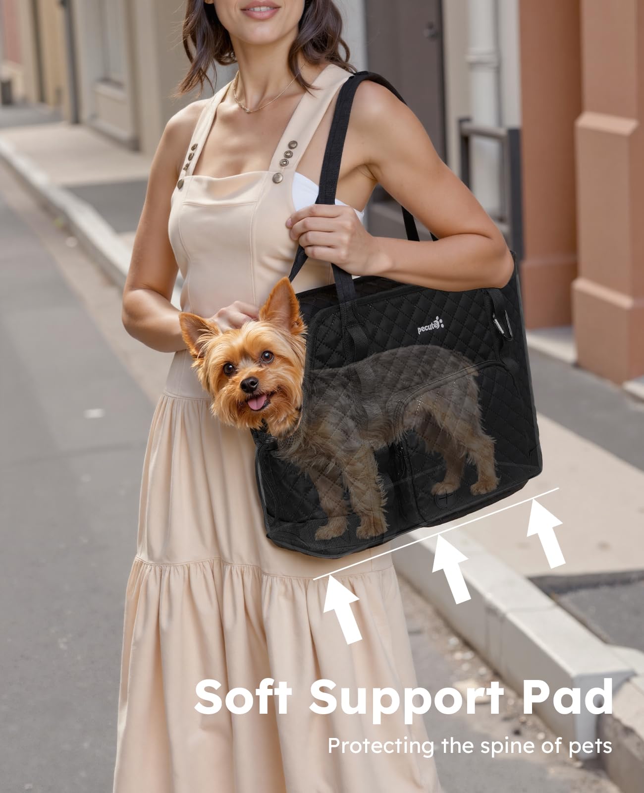 Poche arrière et rangement spacieux pour sachets et téléphone.