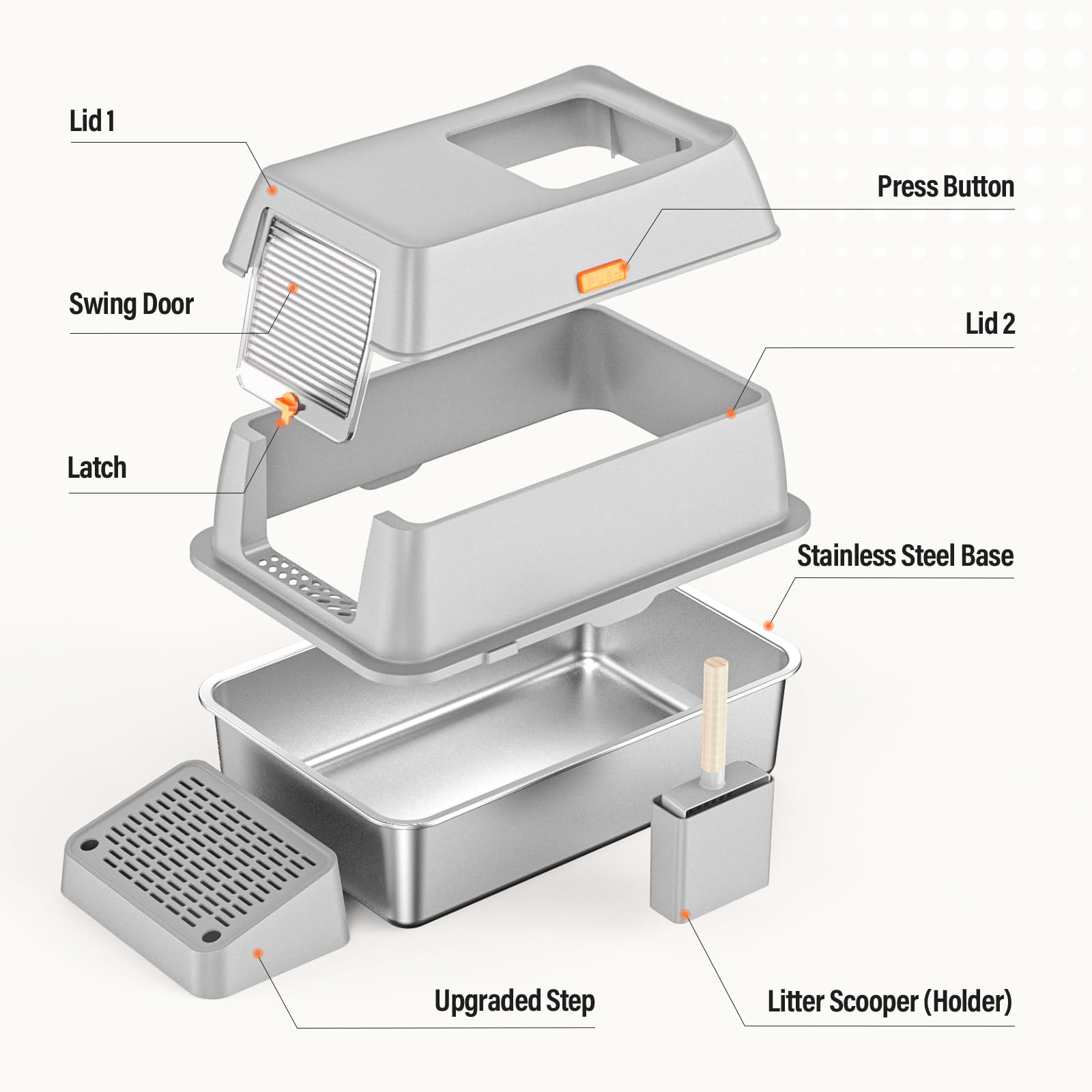 PEDIBAT litière acier inox haut couvercle avec charnières pour faciliter le nettoyage