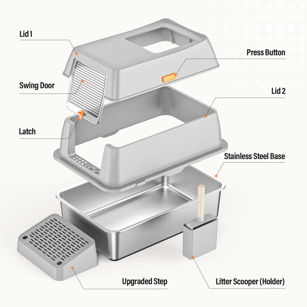 PEDIBAT litière acier inox haut couvercle avec charnières pour faciliter le nettoyage
