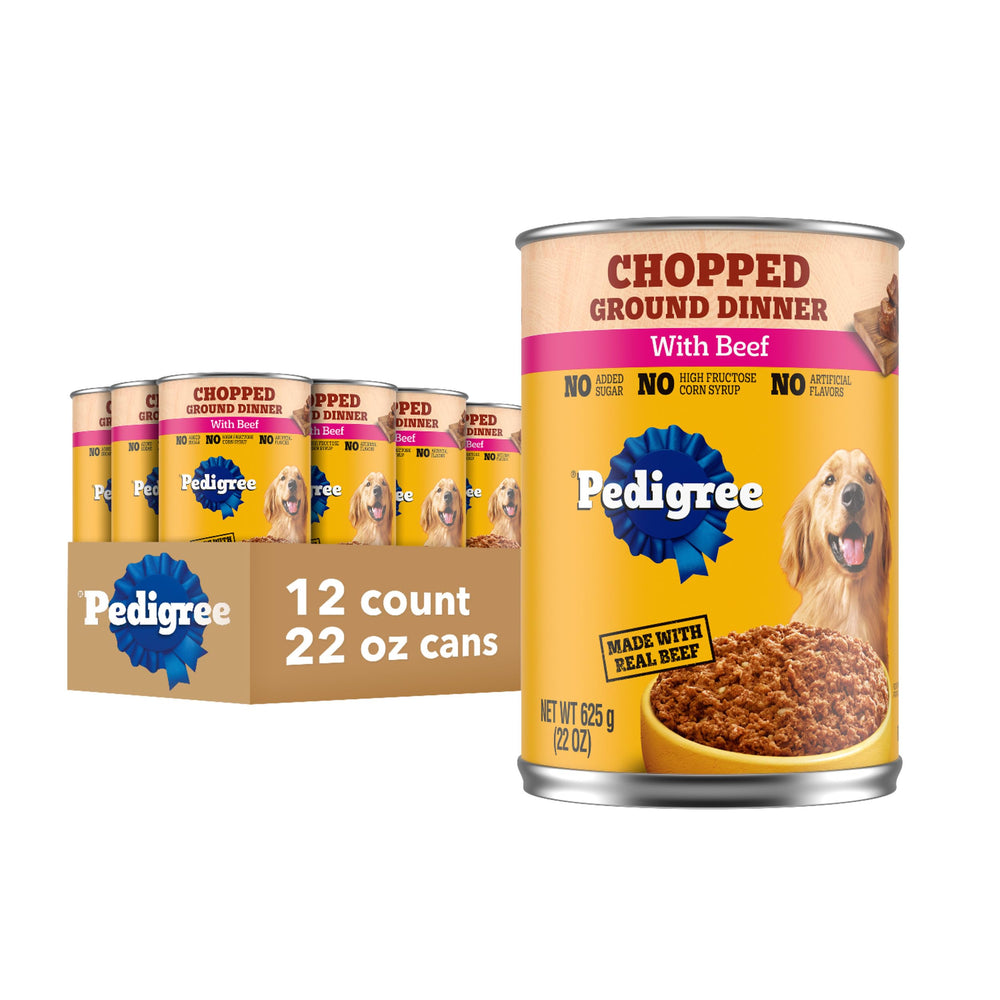 Pedigree Chopped Ground Dinner, boîte ouverte prête à servir votre chien.