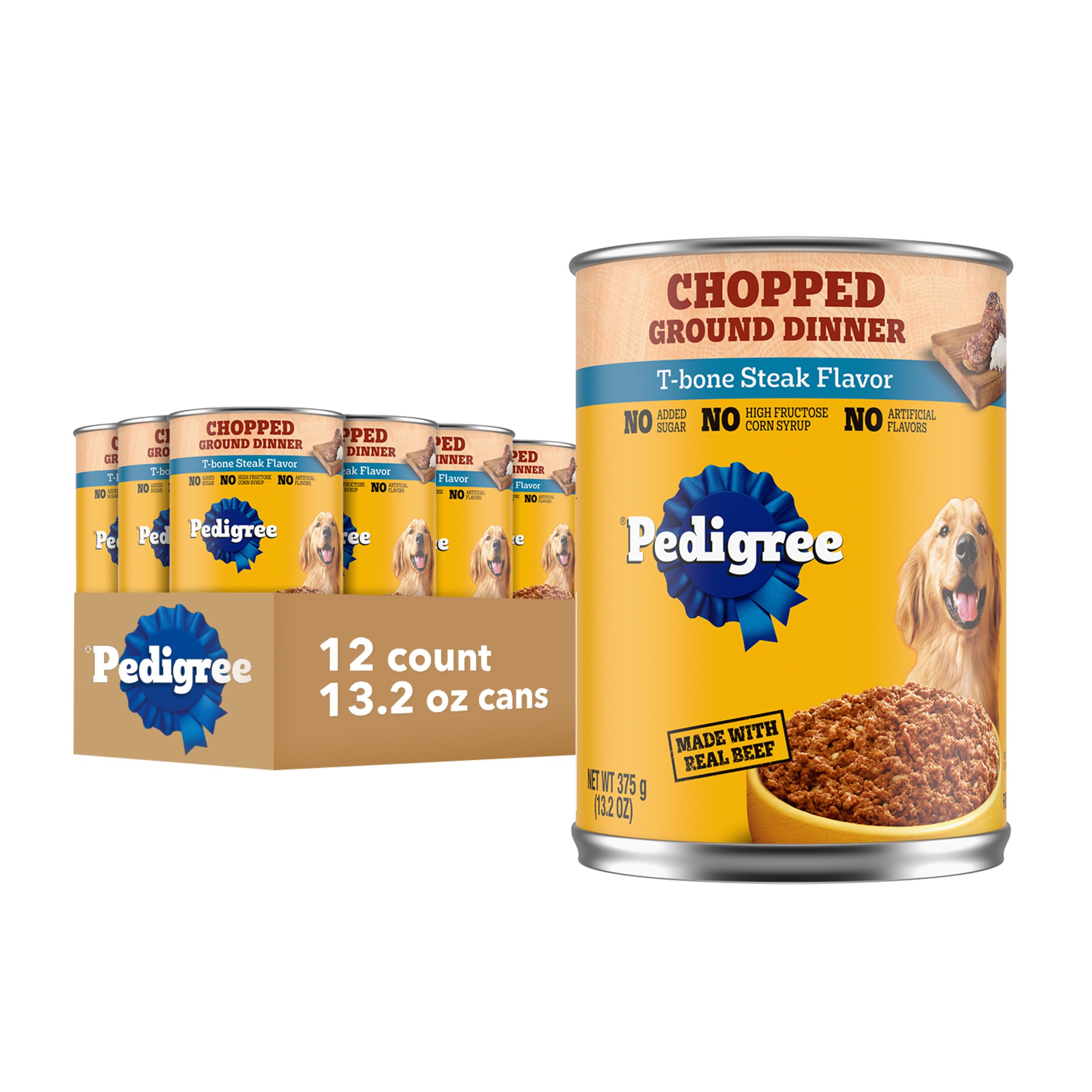 Pedigree Chopped Ground Dinner en boîte T-Bone Steak, repas humide pour chien adulte.