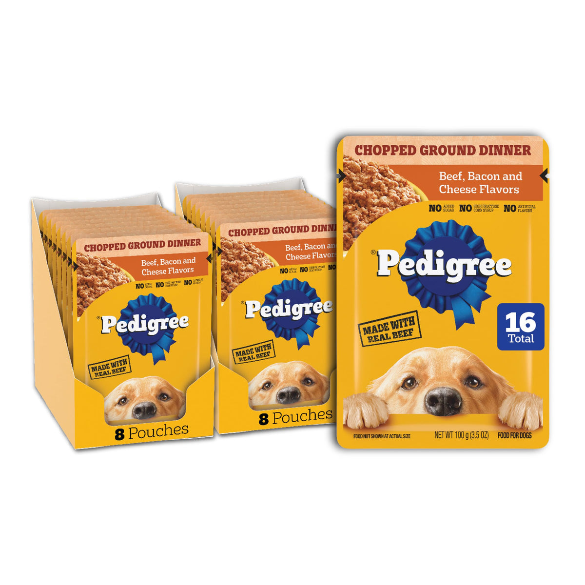 Pedigree Chopped Ground Dinner – sachets boeuf-bacon-fromage, emballage clair facilitant l'achat