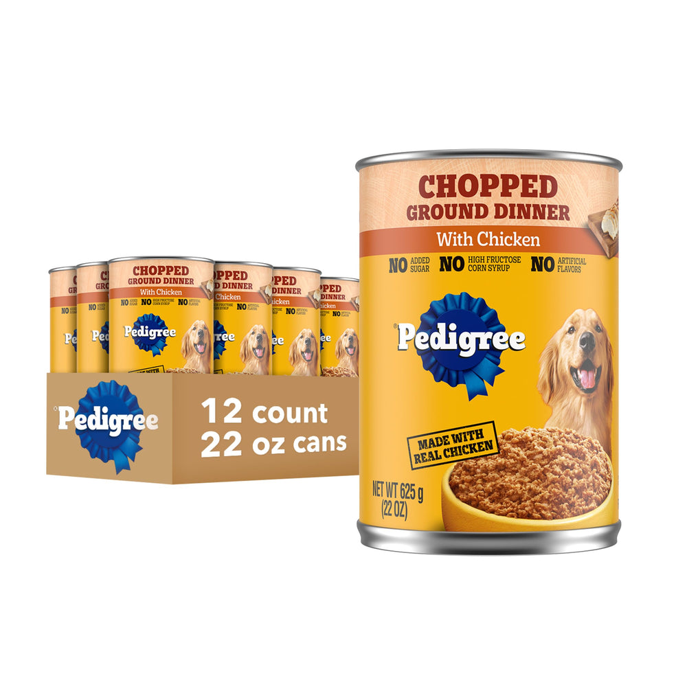 Pedigree Chopped Ground Dinner en boîte poulet, repas humide complet pour chien.
