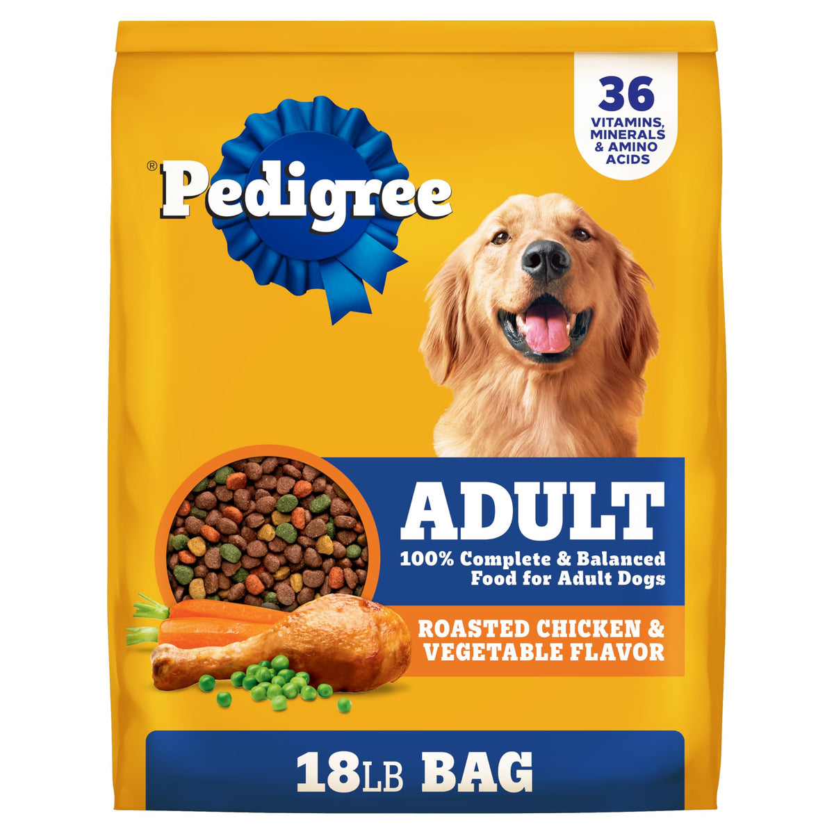 Pedigree croquettes adultes poulet rôti et légumes, vue sac 8 kg, nutrition complète.
