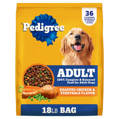 Pedigree croquettes adultes poulet rôti et légumes, vue sac 8 kg, nutrition complète.