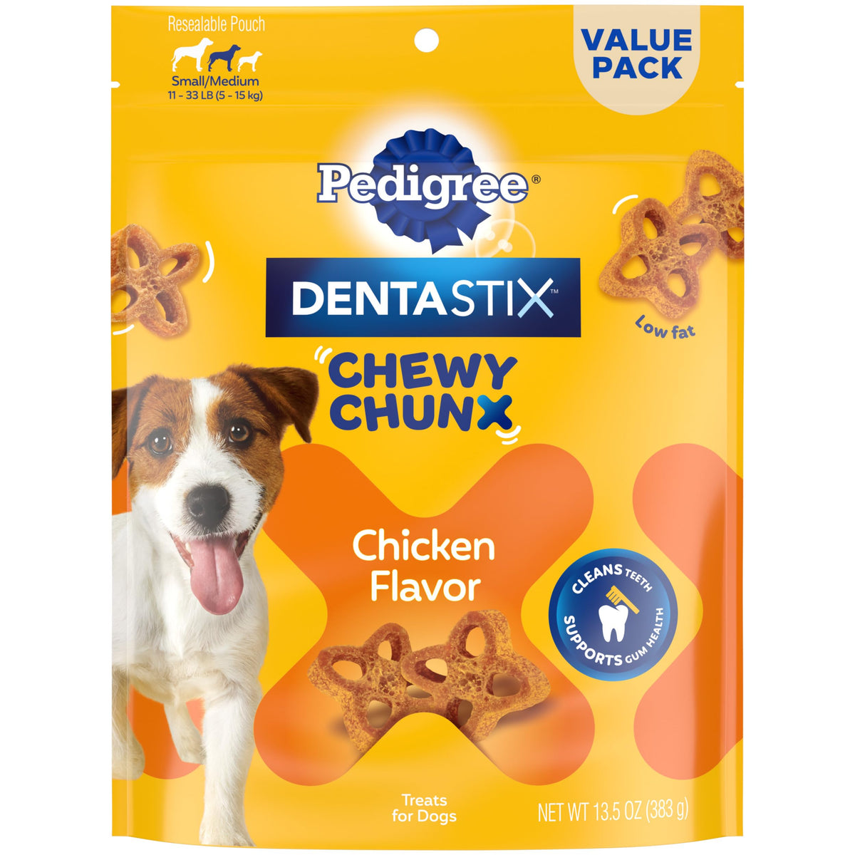 Pedigree Dentastix Chewy Chunx pour petits et moyens, boîte ouverte montrant la texture pour dents propres.