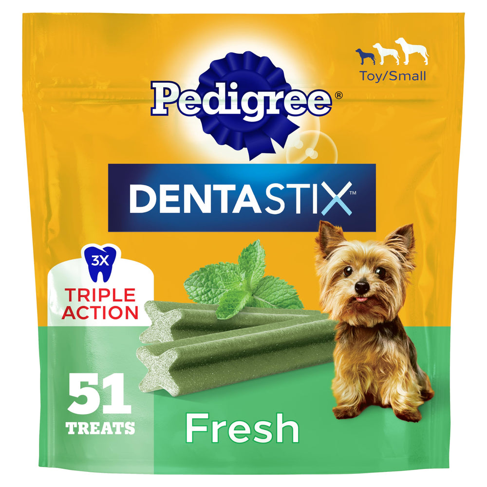 Dentastix Pedigree en forme X aidant à déloger la plaque lors de la mastication.