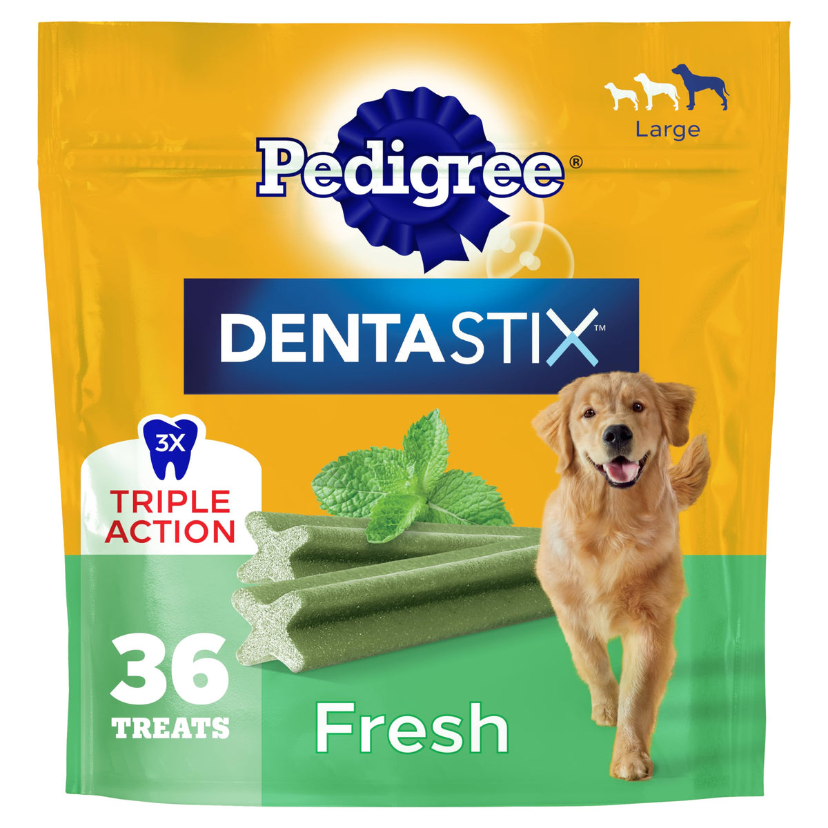Friandises Dentastix Pedigree pour grands chiens dans le sachet, parfaites comme récompense quotidienne.