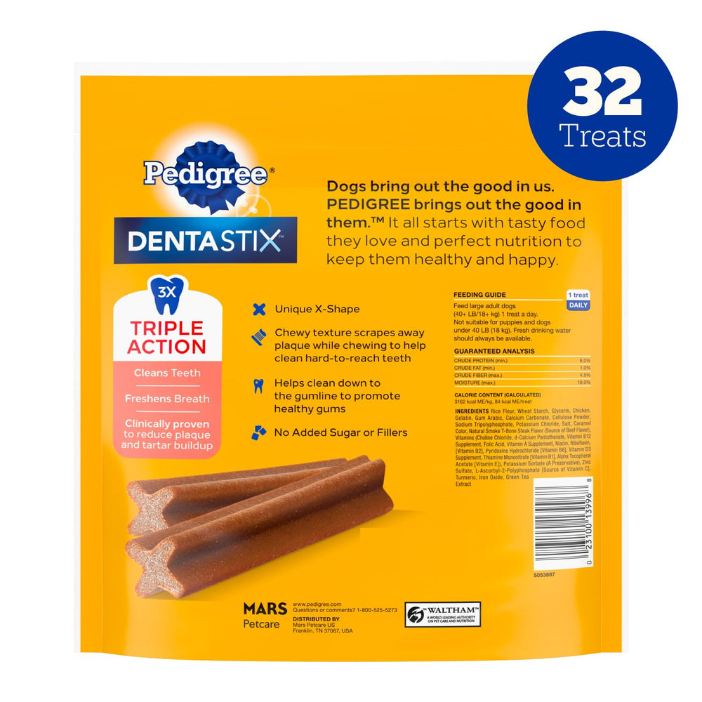 Contenu de 32 friandises Dentastix, pratique pour le rythme quotidien.