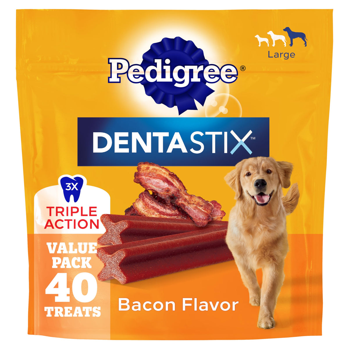 Pedigree Dentastix gros chien, saveur bacon pour haleine fraîche.