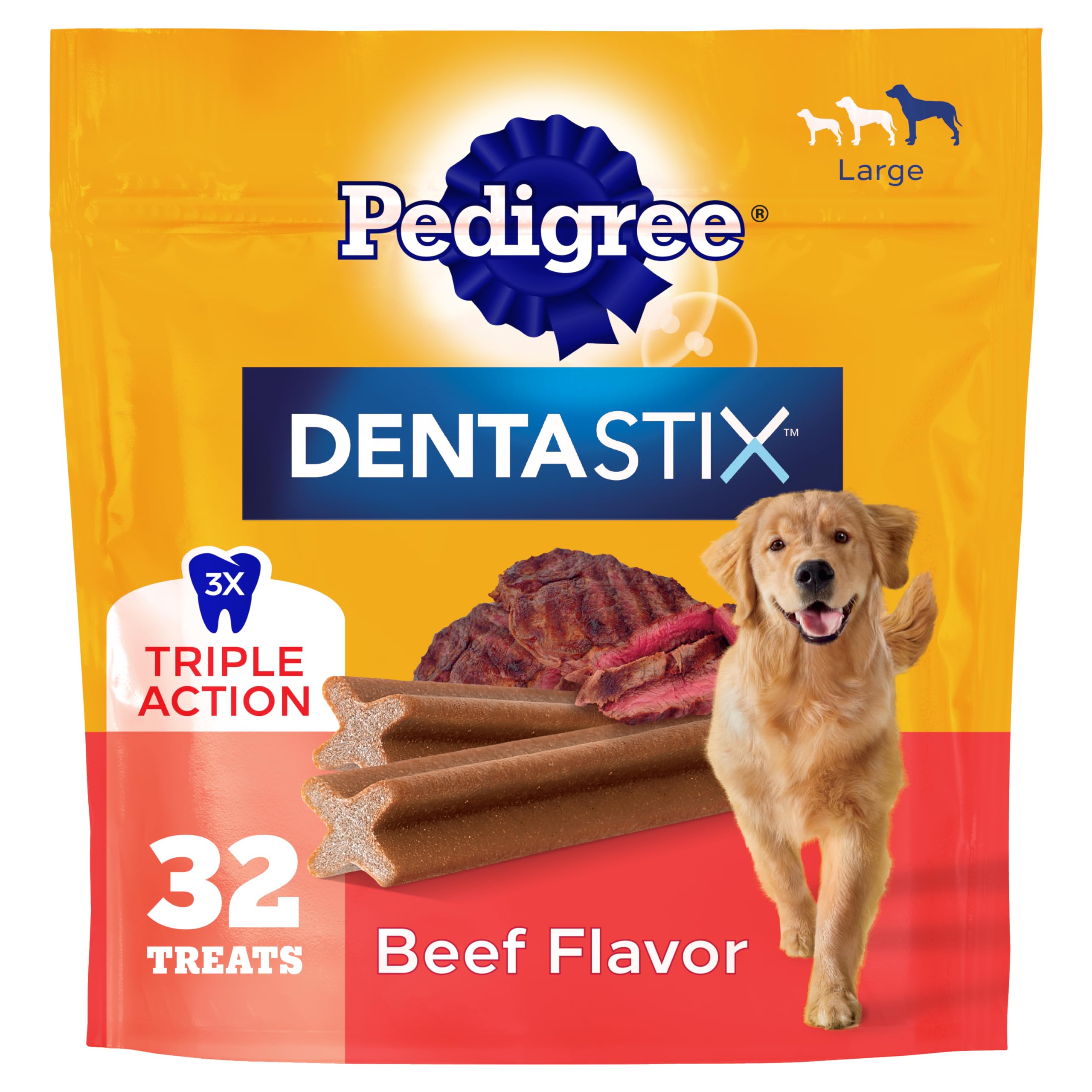 Friandises Dentastix Pedigree pour gros chien au goût boeuf dans un paquet, hygiène dentaire quotidienne.