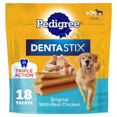 Pedigree Dentastix pour grands chiens, paquet visible, pratique au quotidien.