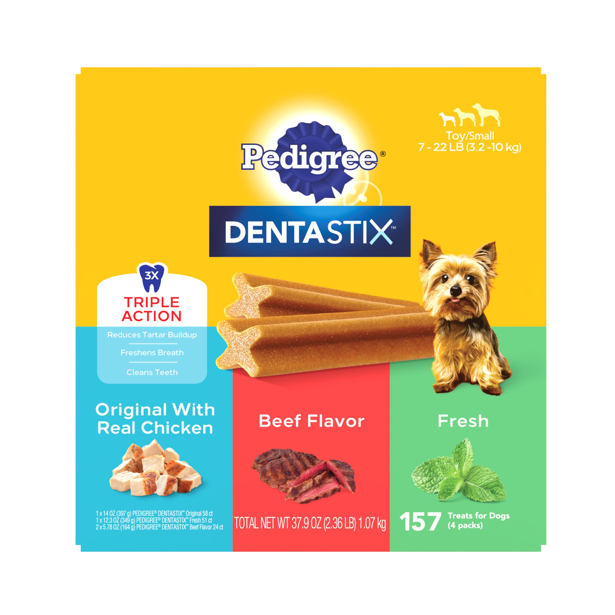 Dentastix Pedigree pour petits chiens, forme X, aide potentiellement au nettoyage des dents.