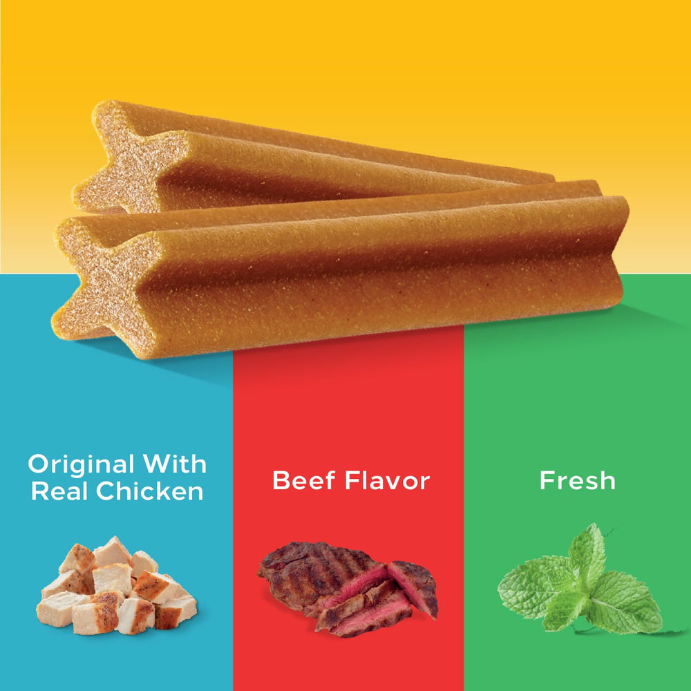 Sans sucre ajouté, friandise dentaire équilibrée pour chien Pedigree.