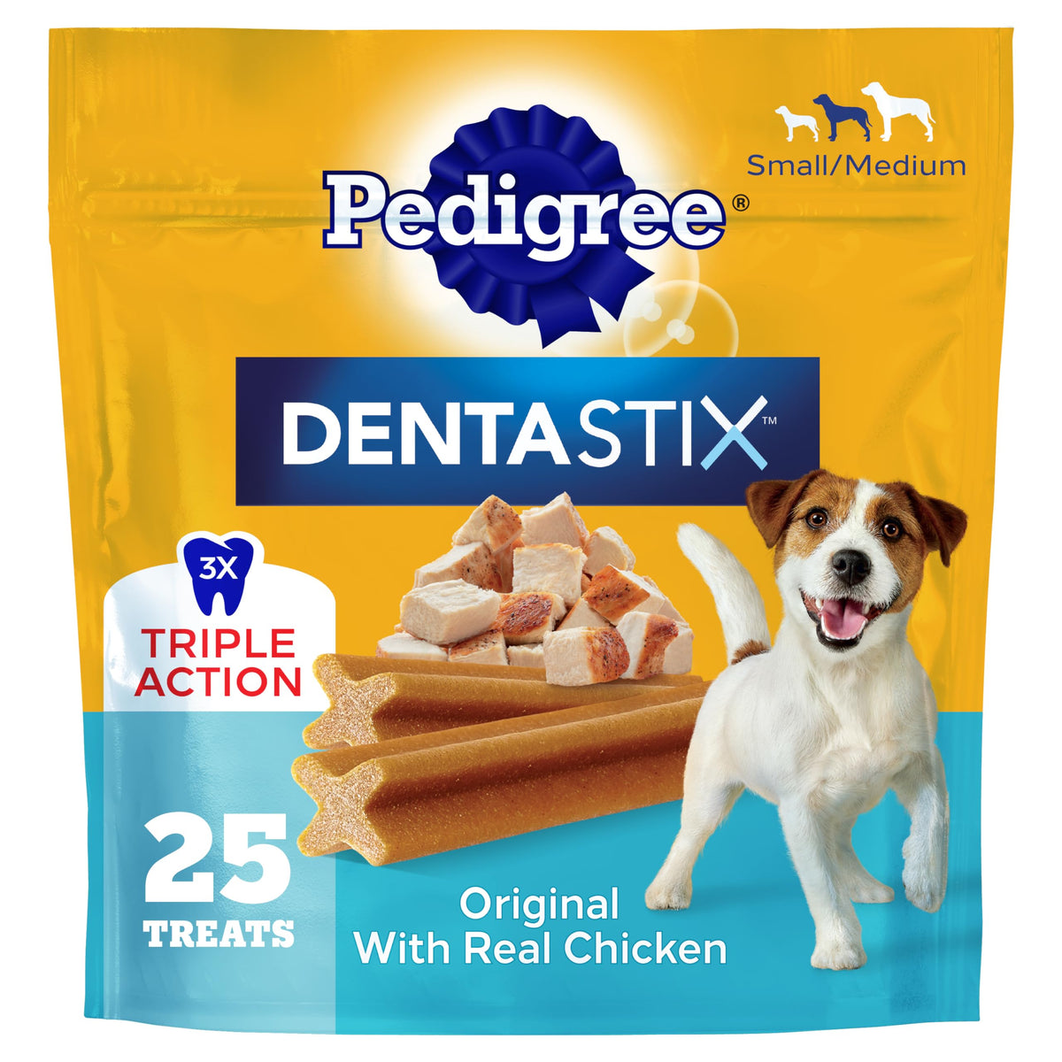 Pedigree Dentastix action-triple: réduction du tartre et haleine plus fraîche.