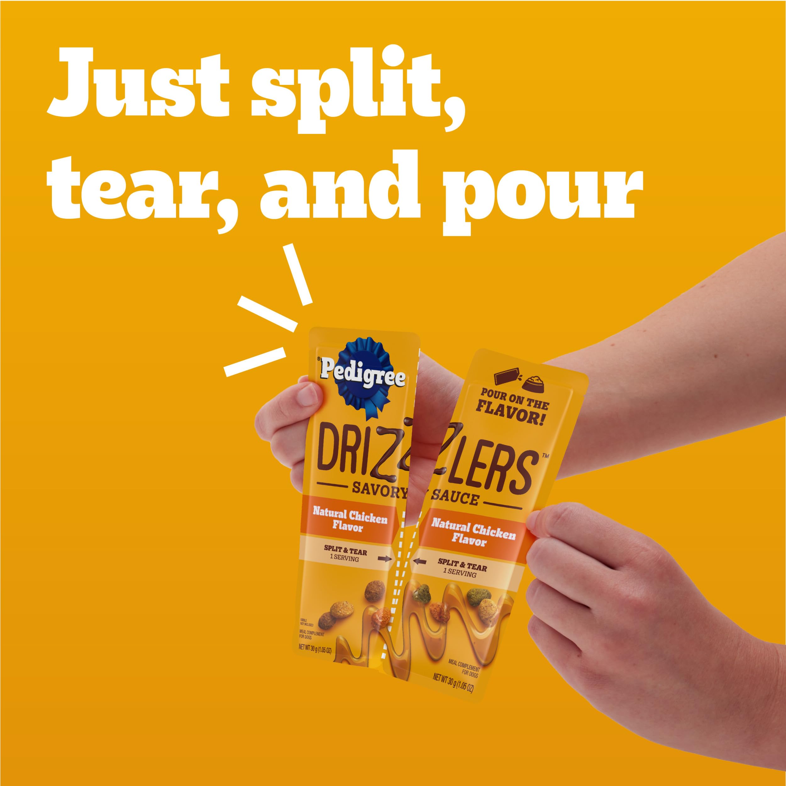 Pedigree Drizzlers goût poulet savoureux sur croquettes.