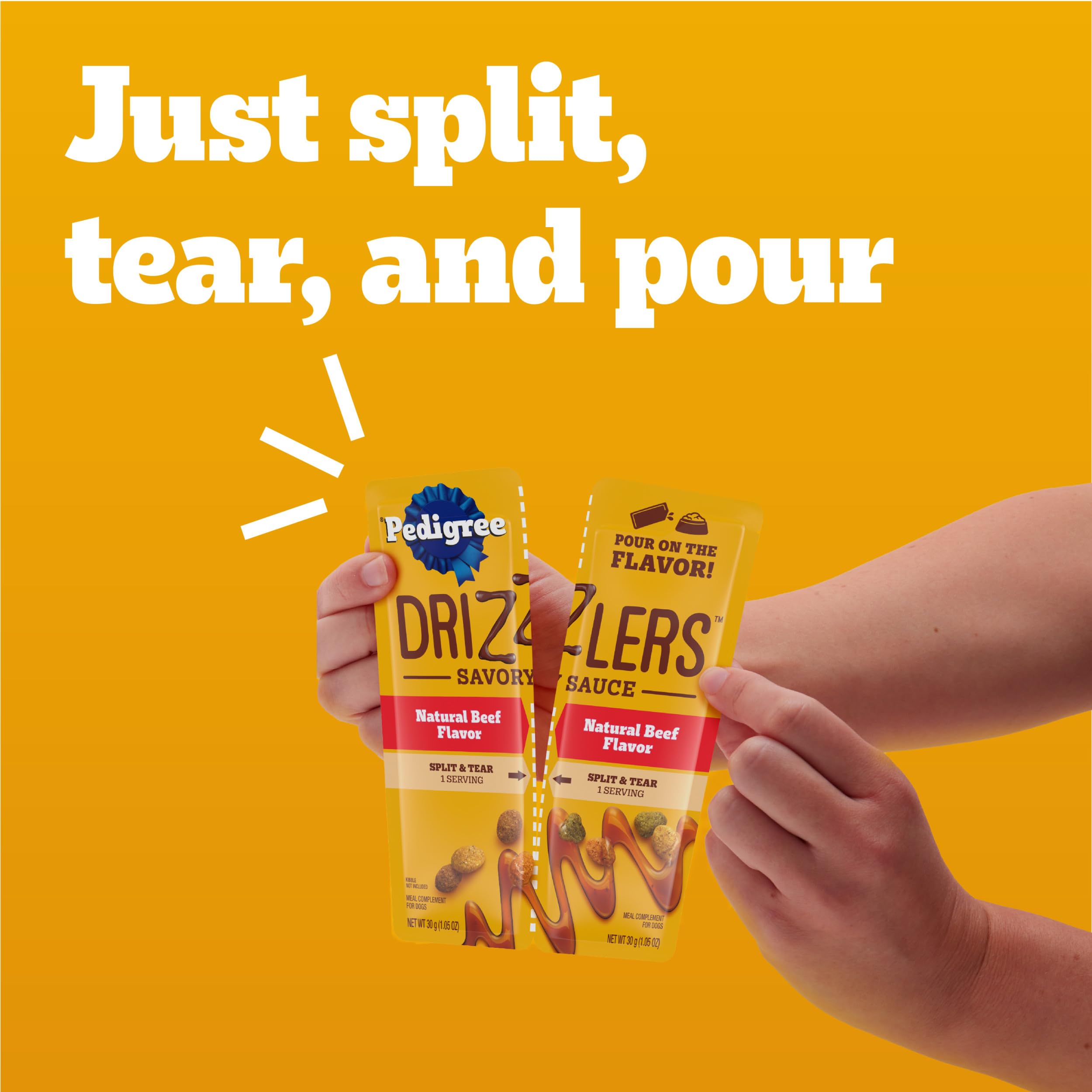 Pedigree Drizzlers-ouverture-et-versement, versement rapide sur le repas.