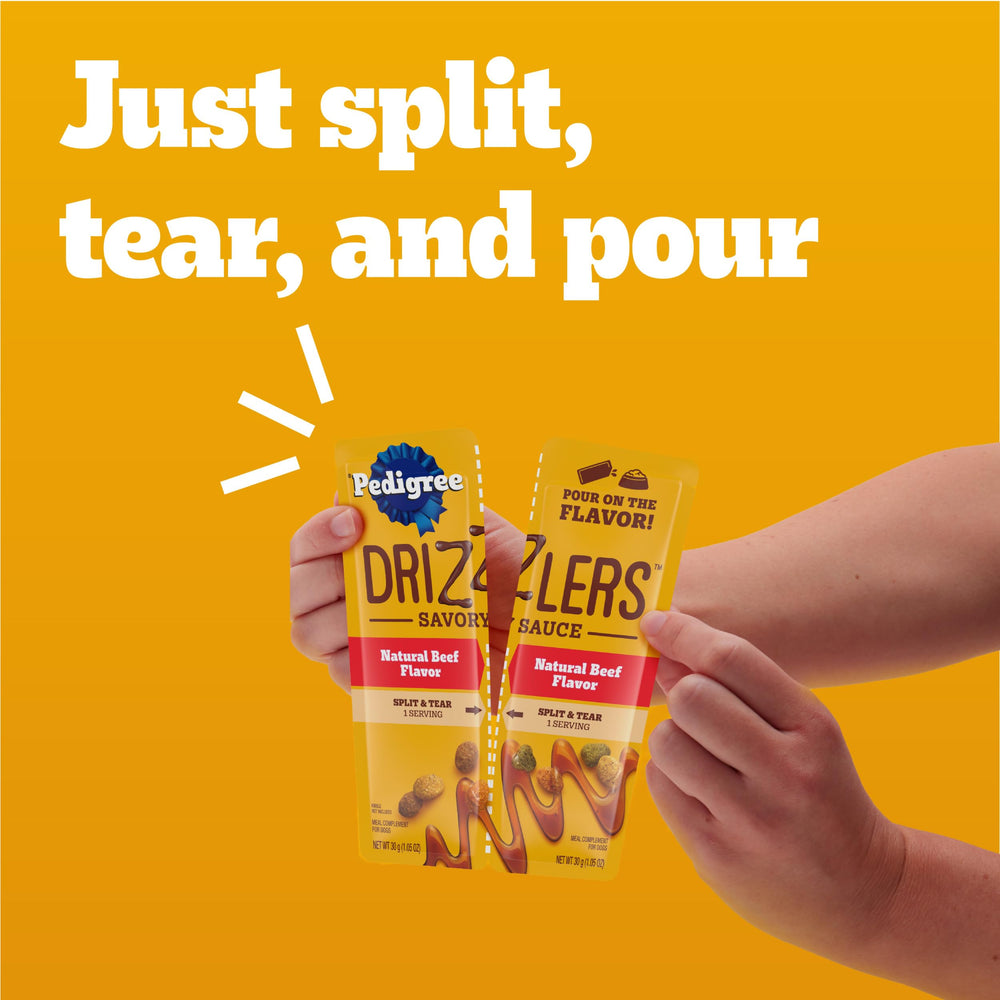 Pedigree Drizzlers-ouverture-et-versement, versement rapide sur le repas.