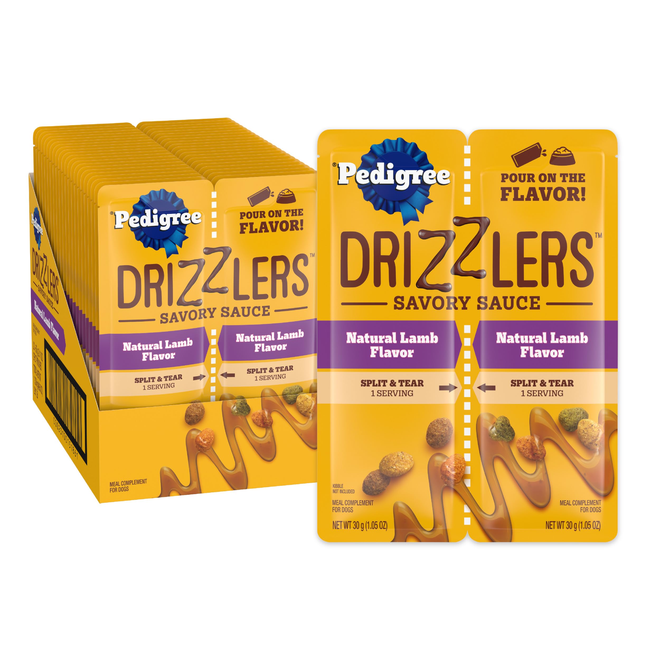 Pedigree Drizzlers sauce savoureuse à l agneau versée sur croquettes pour booster le goût