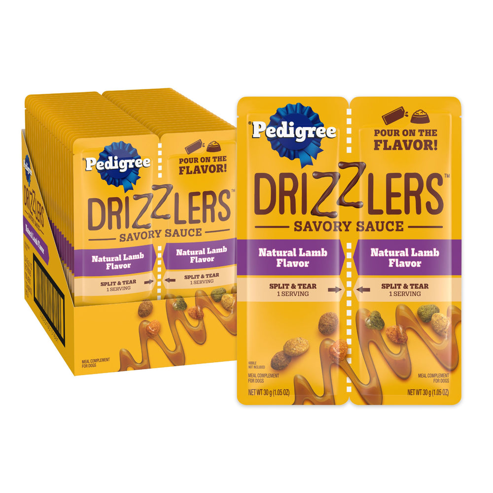 Pedigree Drizzlers sauce savoureuse à l agneau versée sur croquettes pour booster le goût