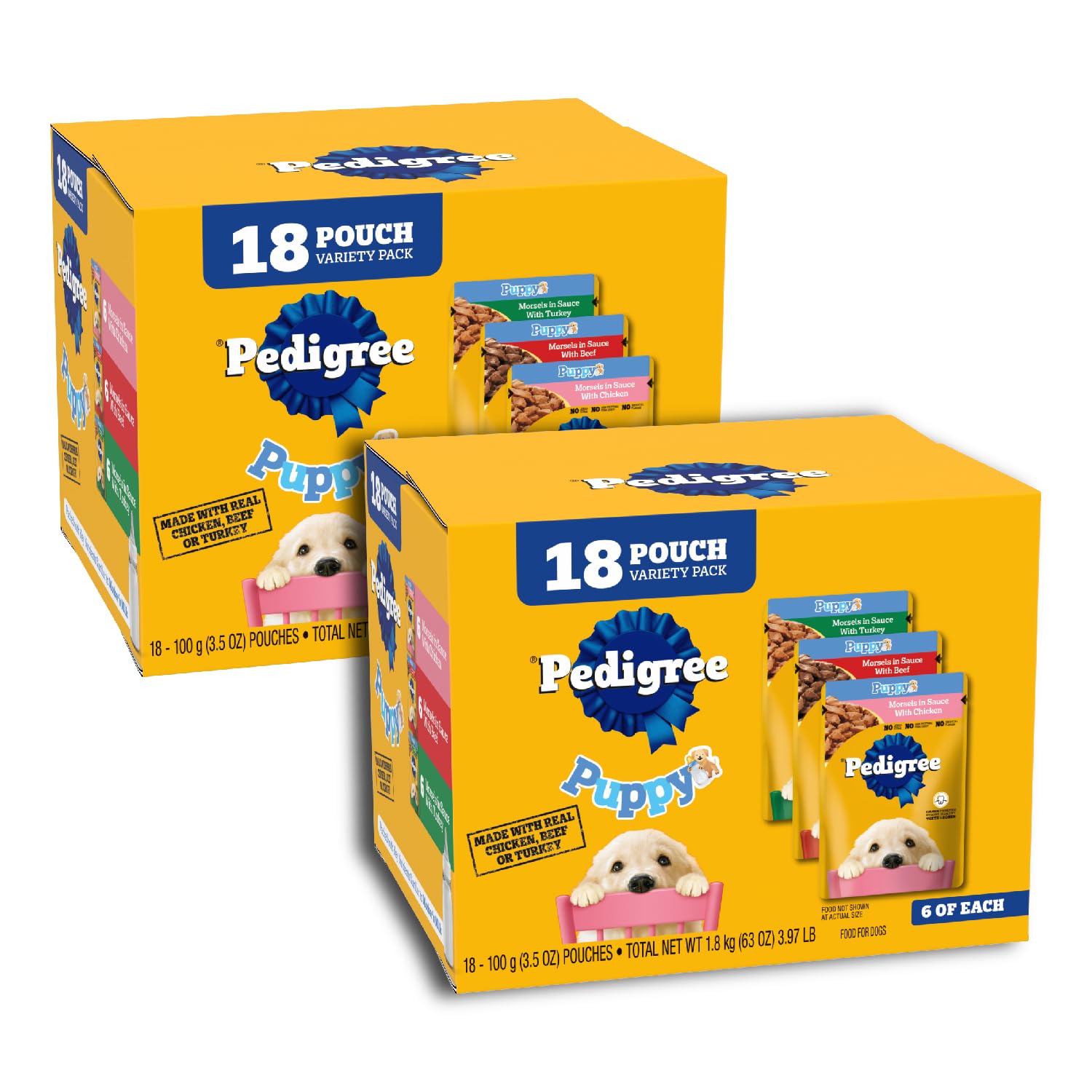Pedigree emballage, sachets chiots en sauce, repas pratique et équilibré.