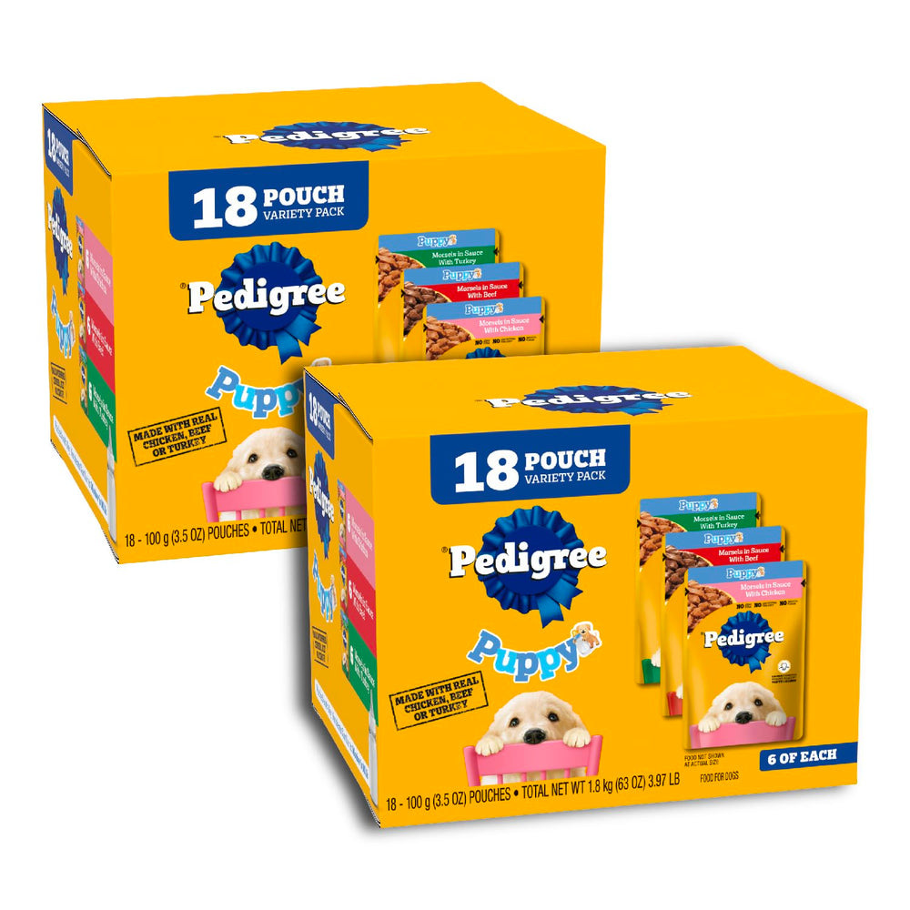 Pedigree emballage, sachets chiots en sauce, repas pratique et équilibré.
