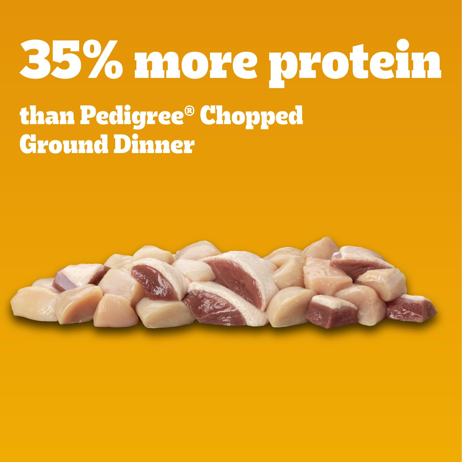 Pedigree Haute Protein — boîte ouverte, poulet et canard visibles.
