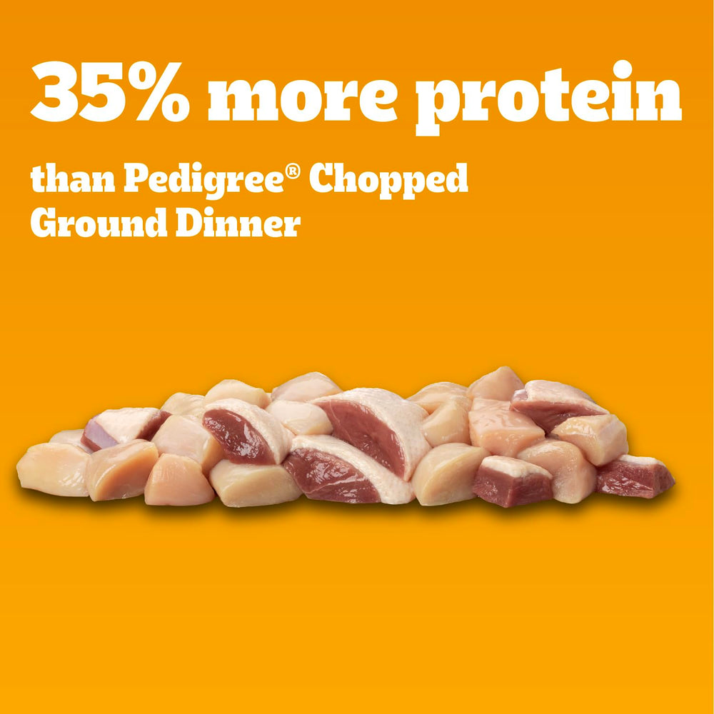 Pedigree Haute Protein — boîte ouverte, poulet et canard visibles.