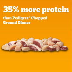 Pedigree Haute Protein — boîte ouverte, poulet et canard visibles.