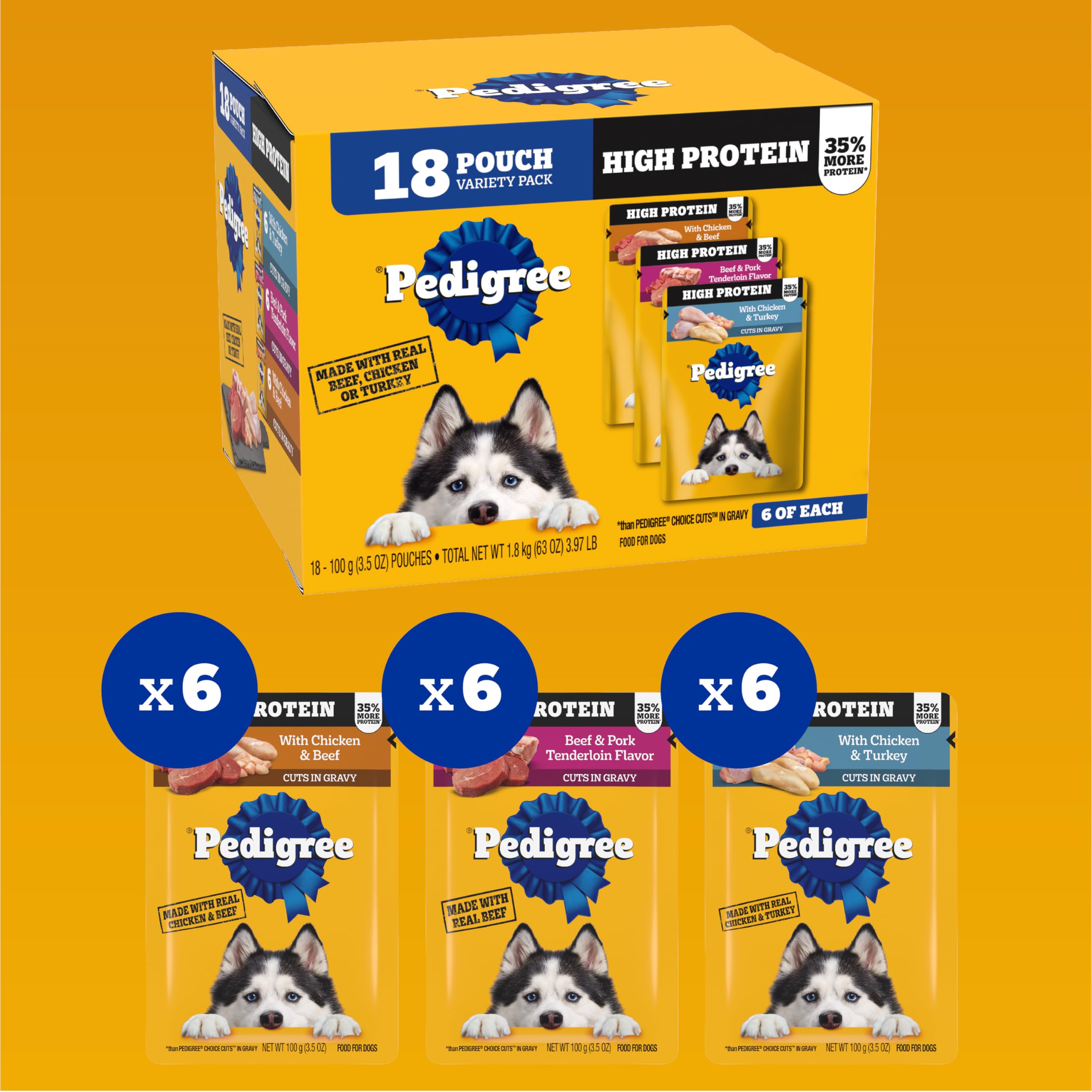 Pedigree Haute Protéine Poche poulet-boeuf en sauce, texture tendre et appétente