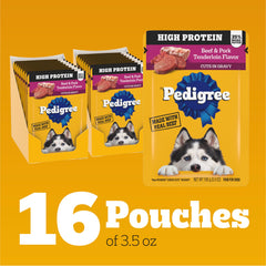 Pedigree Haute Protein, texture viande réelle, arôme appétissant.