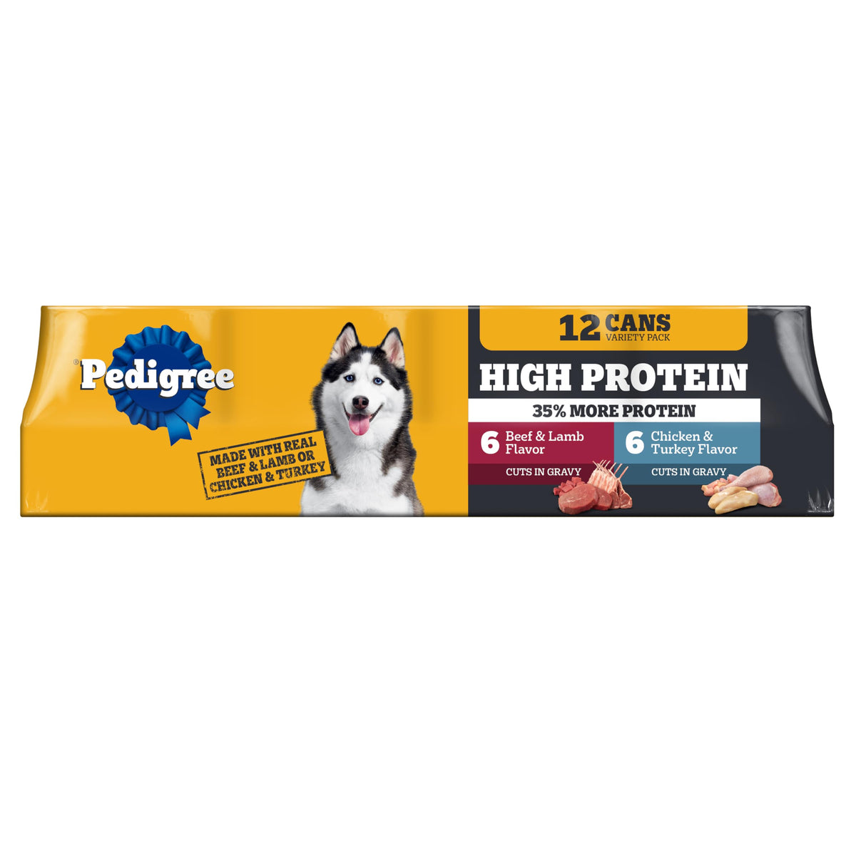 Pedigree Nourriture humide protéinée pour chien adulte dans une boîte pratique.