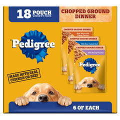 Pedigree Chopped Ground Dinner, poche ouverte: repas humide appétissant pour chien adulte.