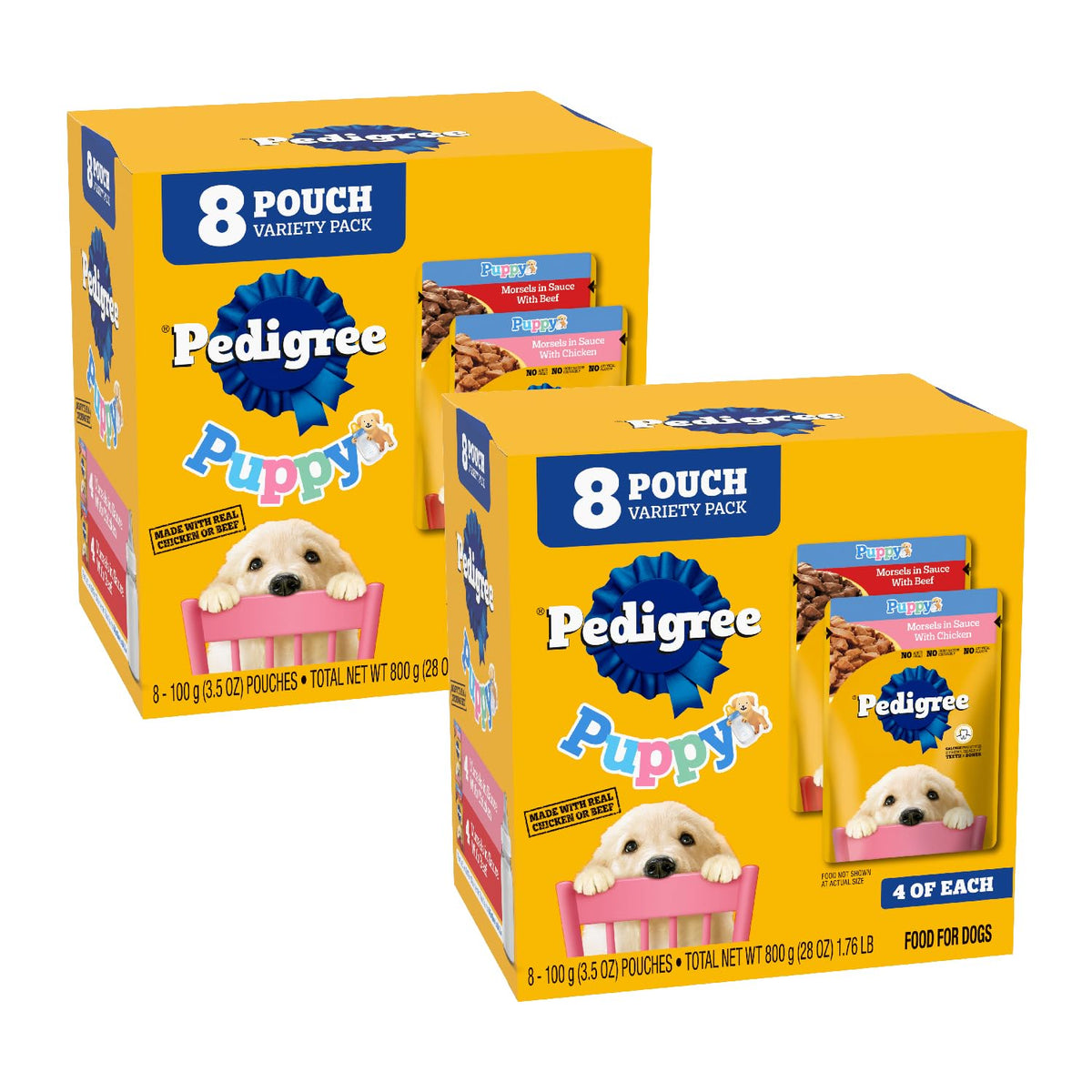 Pedigree Puppy Morsels en sauce, emballage frontal, repas pratique pour chiots.