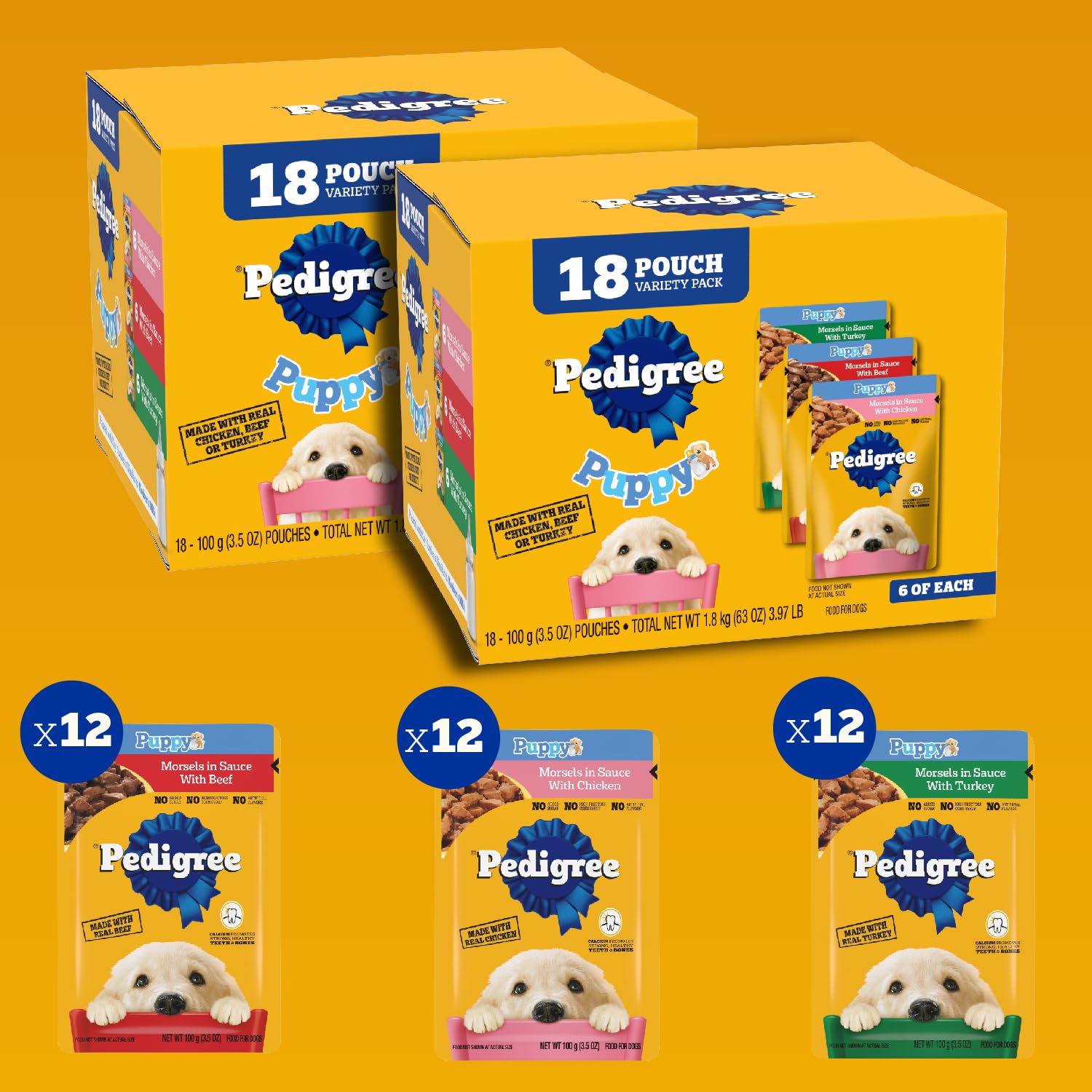 Pedigree sachets chiots 3,5 oz, portion adaptée au repas.