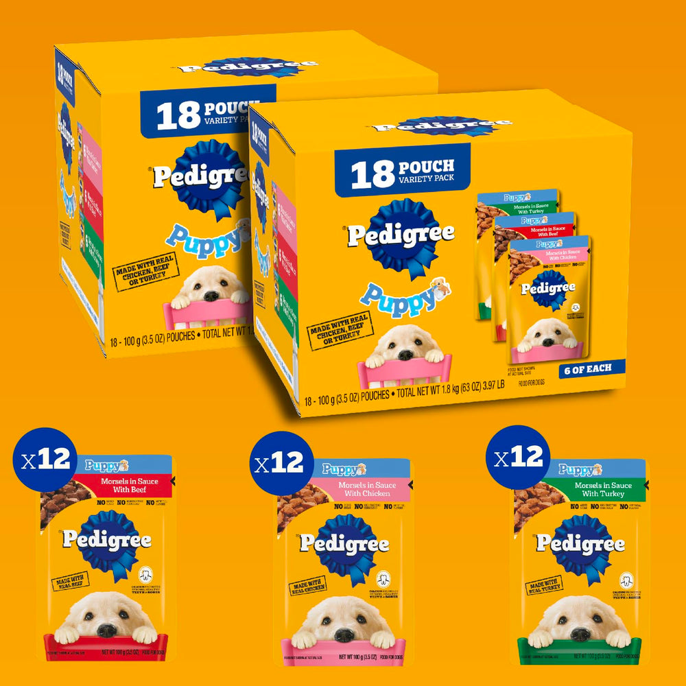 Pedigree sachets chiots 3,5 oz, portion adaptée au repas.