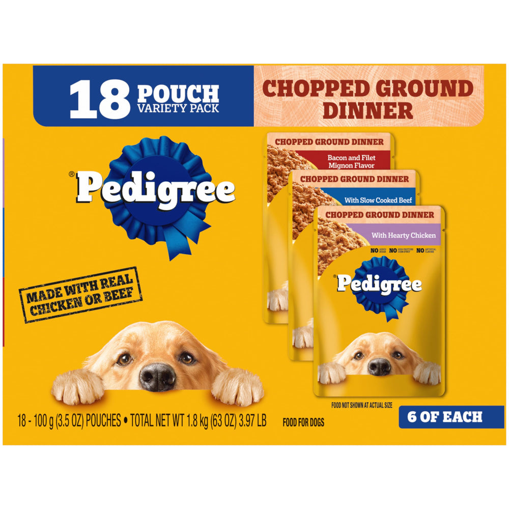 Pedigree sachets nourriture humide chien adulte, texture hachée, repas complet.