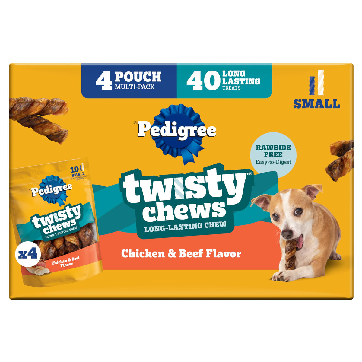 Pedigree Twisty Chews saveur poulet et boeuf pour petit chien.