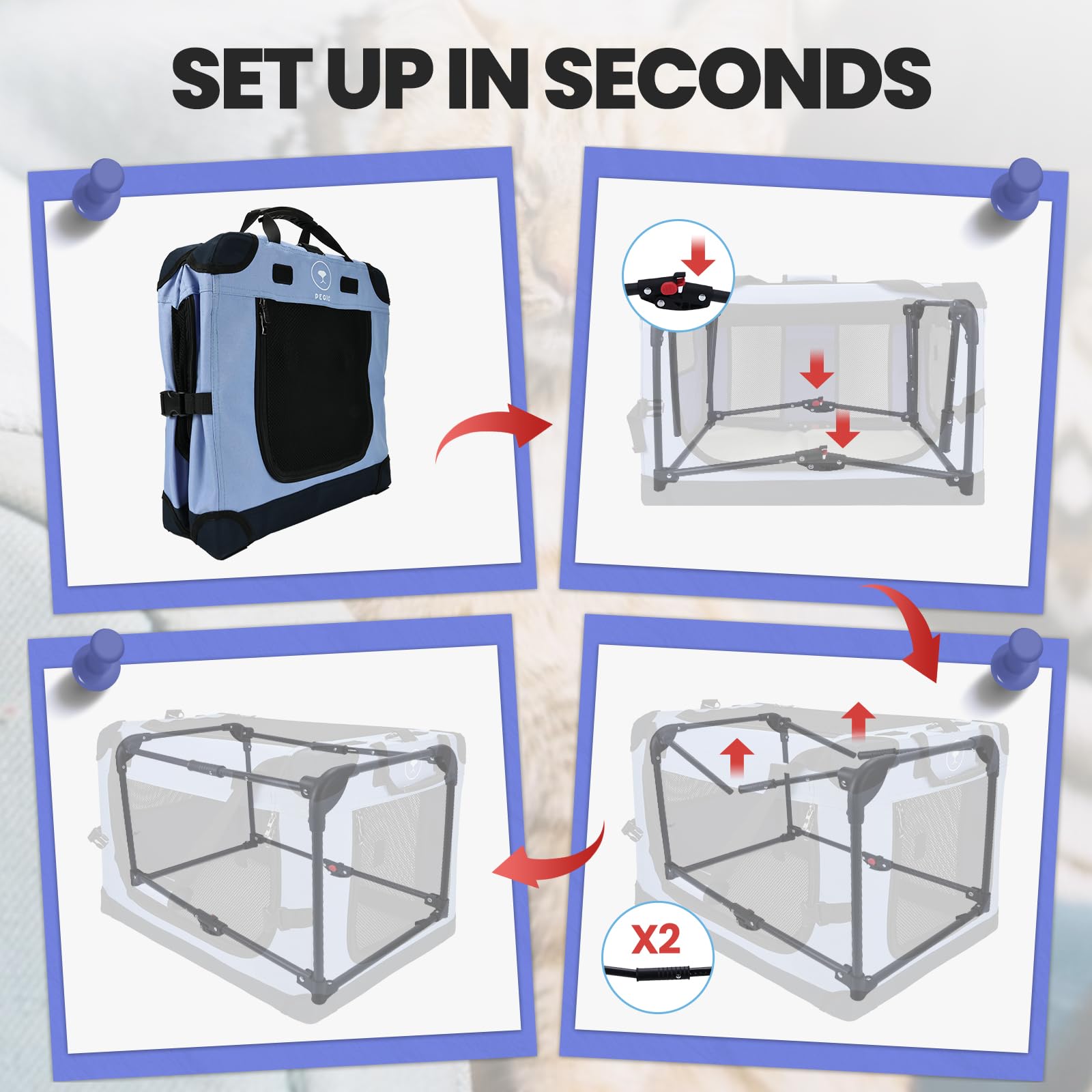 PEGIC sac-chat bleu, design pliable facilitant le rangement domestique et en véhicule.