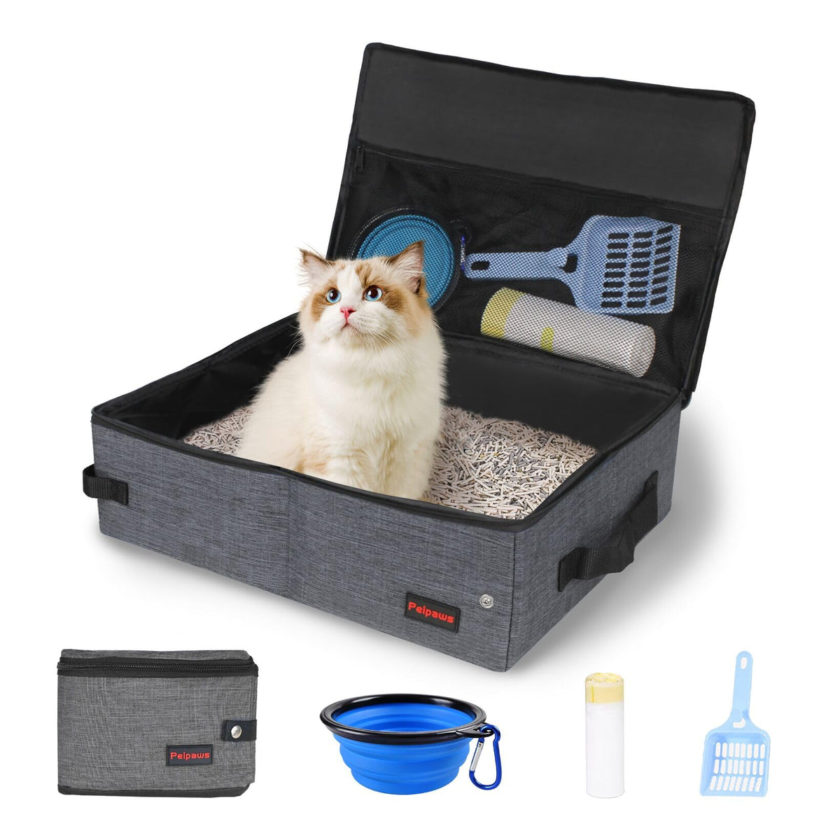 Peipaws pliable, boîte litière de voyage pour chat, facile à transporter.