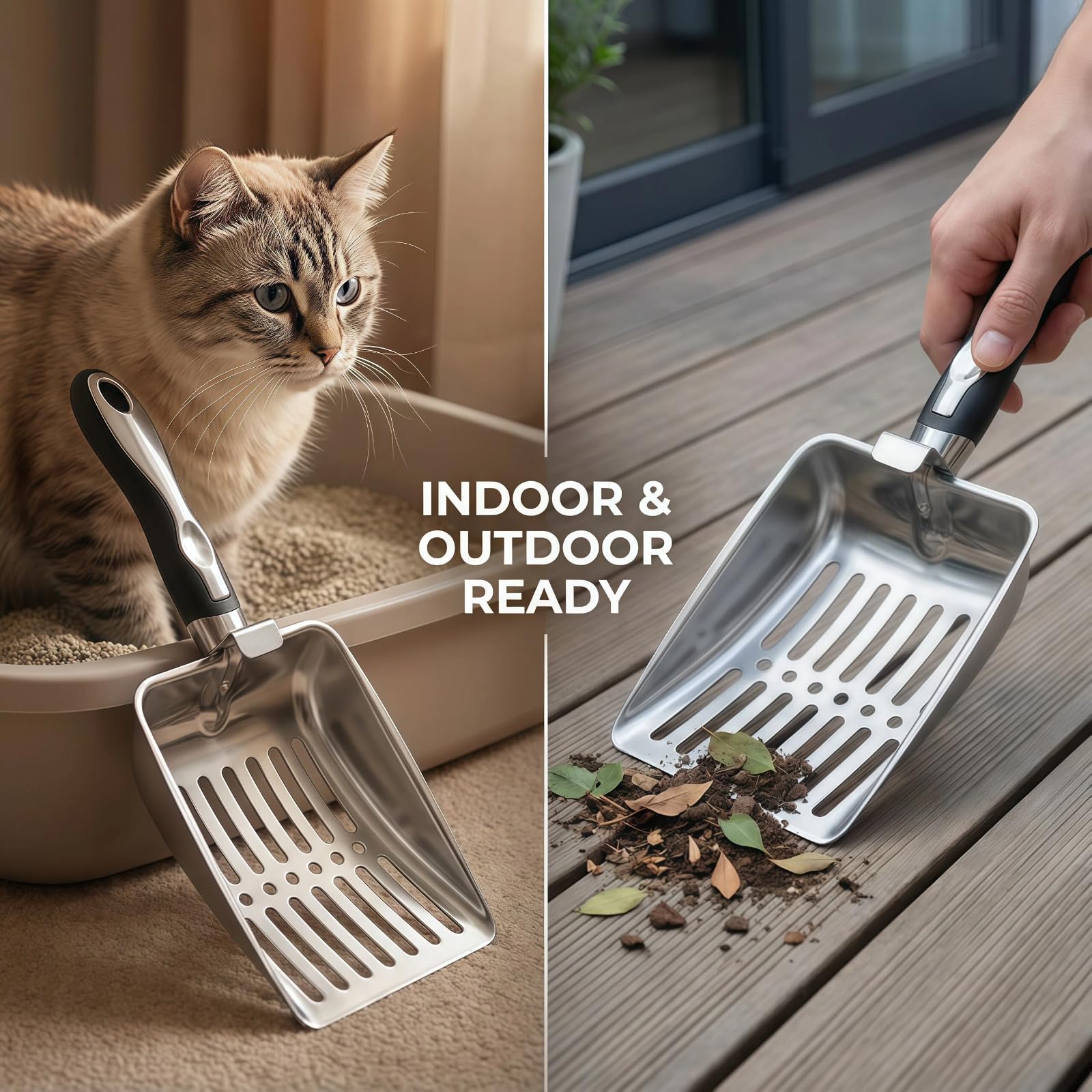 Pelle litière chat acier inoxydable, bord lisse facilite le rinçage.