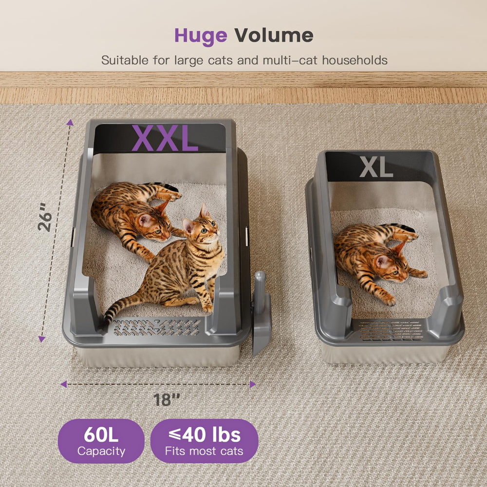 Pematar litière inox 26x18x12, espace généreux pour grands chats.