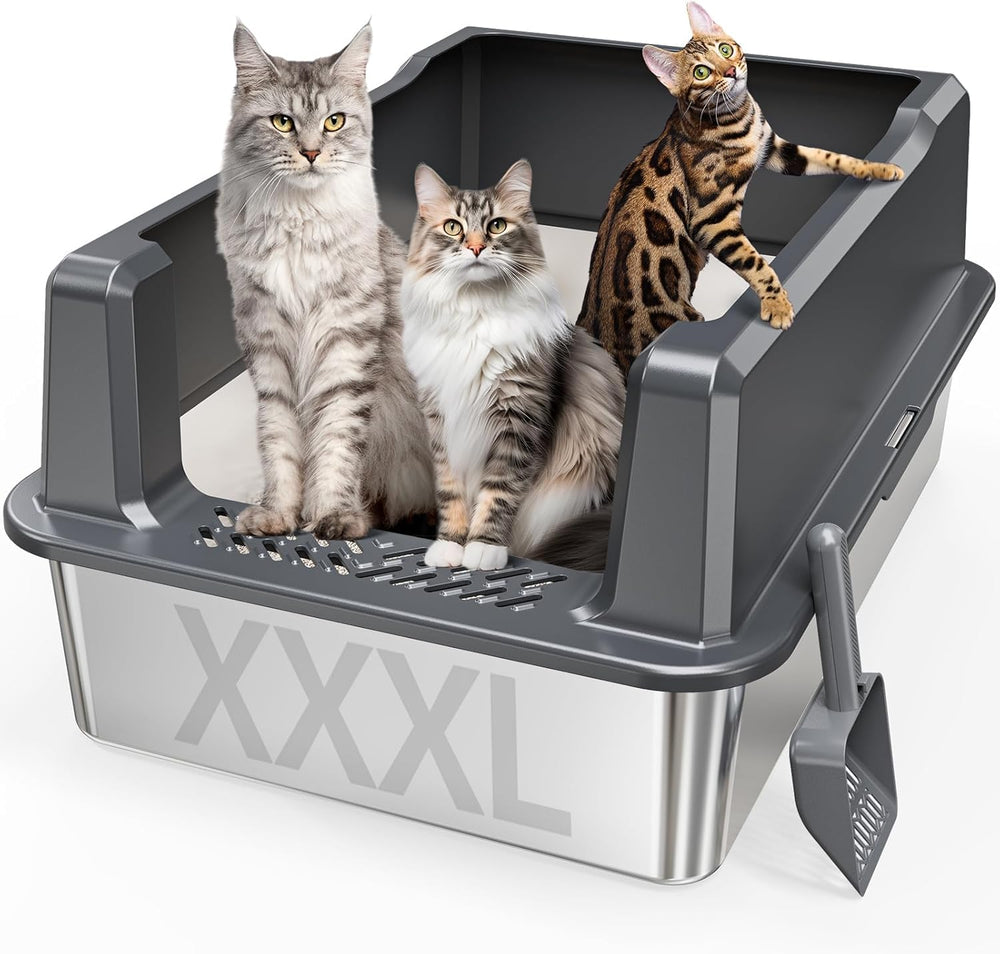 Pematar Litière inox XXL avec couvercle, accès pratique et nettoyage facile.