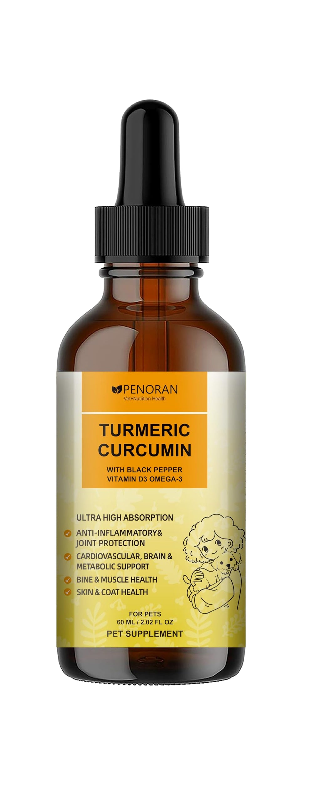 Gouttes Penoran Curcuma pour chien en mouvement; soutien des articulations.